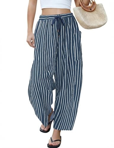 LOMON Barrel Pants Women Casual Loose Wide Leg Linen Pants Drawstring Palazzo Harem Beach Travel Vacation Pants 2026(Blue Stripes,XXL)