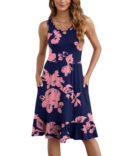 LILBETTER Beach Dresses for Women Casual Summer Knee Length Sun Dress Casual Sundresses for Women Summer Women's Holiday Party Dresses(JY Navy Blue Rose, Large)