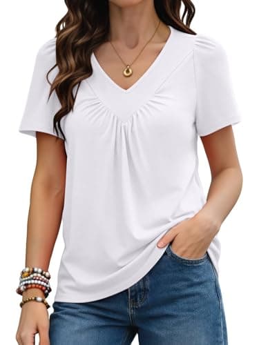 KKJ Womens T Shirts Ruched V Neck Puff Short Sleeve 2026 Dressy Casual Blouses Spring Summer Loose Fit Tops Business Clothes White