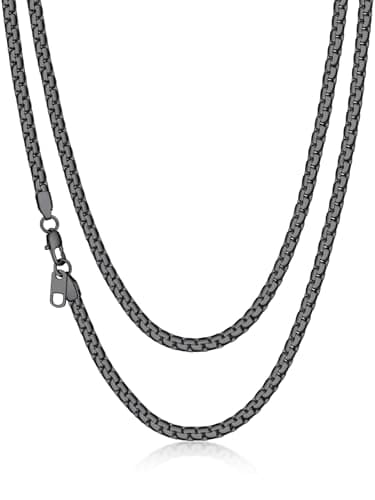 Suplight Stainless Steel Flat Box Chain Necklace 4mm Black Chains for Men Women Hip Hop Jewelry for Rapper 18inch, Send Gift Box