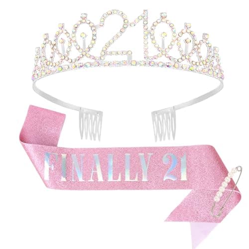 CAVETEE Birthday Headband for women, 21st Birthday Decorations Finally 21 Sash and Crown for 21st Party (Silver&Pink, Onesize)