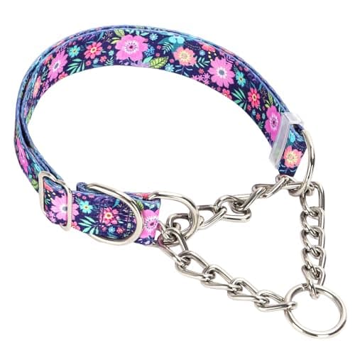 Martingale Collar for Dogs with Nylon & Steel Chain Limited Cinch Design, Bohemia Floral No Choke Dog Collar, Adjustable No Pull Dog Training Collar, Great for Training, Walking, Hunting (L)