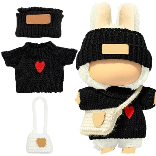 SHUOXUKE for Dolls Clothes Outfit Set for 17cm Dolls (No Doll)，3-Piece Handcrafted Crochet Accessories with Black Heart Sweater& Hat & White Bag