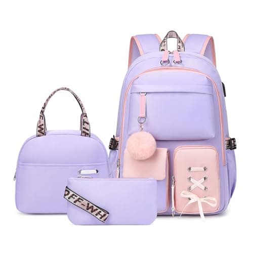 Backpack for Girls Women College Laptop Backpacks Girl Cute School Bag Set with Lunch Box Pencil Kids Bookbag with USB Charging Port College Middle High School Backpack for Teen Girls(Pink Purple)