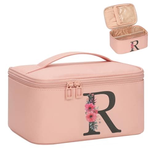 OCHEAL Initial Makeup Bag,Monogram Make up Bag Pink Travel Makeup Organizer Case Beauty Toiletry Cosmetic Bag with Brush Holder, Trendy Stuff Personalized Gifts for Women and Girls-R