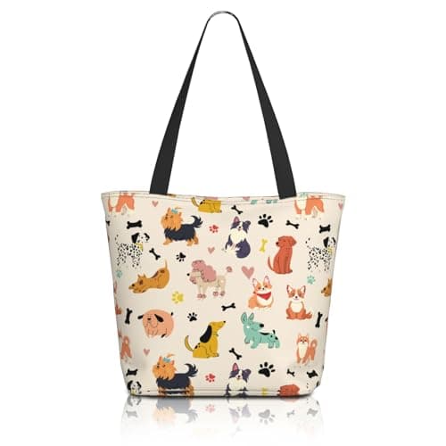 Bawpkn Cute Dog Tote Bag Gift Dog Lovers Gifts for Women Dogs Mom Gift Reusable Grocery Shopping Handbags Casual Travel Beach Bag with Top Zipper Closure Shoulder for Women Funny Dogs Themed Gifts