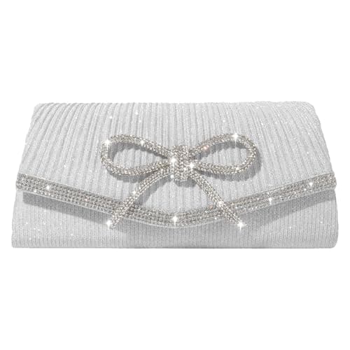 SH Silver Clutch Purse Rhinestone Bow Evening Bags for Women Wedding Party