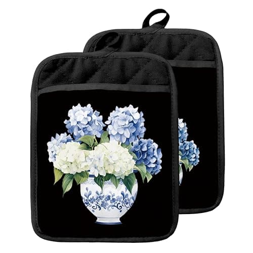 GOOZHO Chinoiserie Hydrangea Floral Pot Holders with Pockets, Blue and White Porcelain Hydrangea Flower Oven Pot Holders Heat Resistant Oven Mitts Hot Pads for Kitchen Baking Cooking
