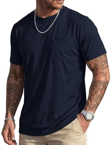 MAGCOMSEN Mens T-Shirts Short Sleeve Pocket UPF 80+ Sun Protection Moisture Wicking Solid Casual Crewneck Summer Tee Navy