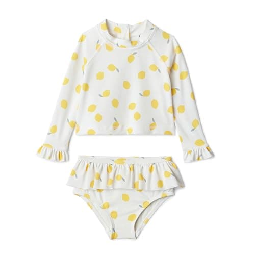 Amazon Essentials x Sofia Grainge Baby Girls' 2-Piece Long Sleeve Rashguard Set with Ruffle Flounce Detail, Pack of 2, Ivory Lemon, 12 Months