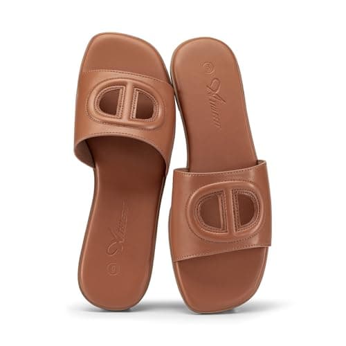 Athlefit Women's Flat Sandals Slip On Summer Beach Slide Sandals Brown 8
