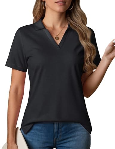 MAGCOMSEN Women's Polo Shirts V-Neck Short Sleeve UPF 50+ Sun Protection Collared Golf Shirt Work Summer Tops Black M