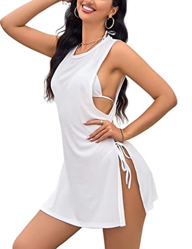 YYA Sexy Swimsuit Coverup for Women Sleeveless Bathing Suit Cover Up Cover Ups Beach Bikini Swimwear Dress Chemise Lingerie White XXL