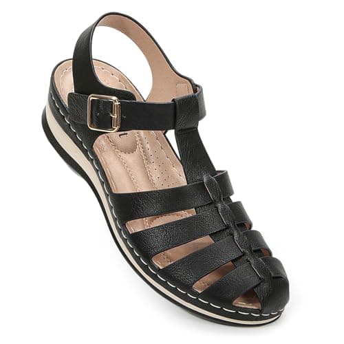 Goldnut Close Toe Sandals Women Comfortable Summer Wide Width Fisherman Sandal for Womens Platform Wedge with Adjustable Strap Black Size 8.5