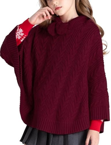 BOBOYOYO Cape for Girls Hooded Cable Knit Poncho Sweaters Kids Shawl