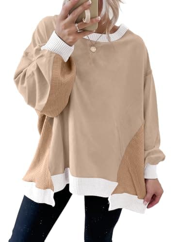 SHEWIN Oversized Sweatshirt for Women Crew Neck Womens Fall Tops Casual Tunic Tops for Women Loose Fit Dressy Lightweight Fall Outfits 2026,(US 20-22) 2XL,Pale Khaki