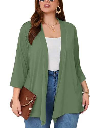AusLook Women's Plus Size Lightweight Open Front Cardigan Army Green 4X Causal 3/4 Sleeve Cover Ups Shrugs Tops Shawls and Wraps Kimono Jacket Coat