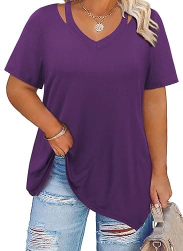 Amrto Womens Plus Layered Tops Purple Short Sleeve Cut Out V Neck Shirts for Curvy Ladies Comfy Asymmetrical Flowy Hem Hide Tummy Flattering Elegant Work Lunch Vacation Party 2026 Spring Summer