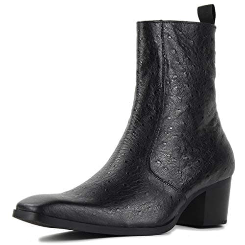 OSSTONE Men Chelsea Ankle Boots Leather Ostrich Print Western Cowboy Boots with Side Zipper Heel Dress Boots JY014 Black US10.5