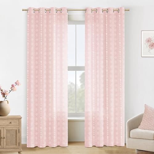 Lino Rosa Light Pink Cute Sheer Curtains for Girls Bedroom, Boho Baby Pink and White Nursery Curtains Girl, Pretty Pastel Floral Striped Pattern Linen Drapes for Girls Room, 2 Panels 84 Inches Long