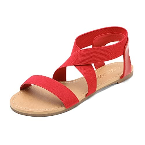 DREAM PAIRS Women's Elastic Ankle Strap Flat Sandals Summer Dressy Shoes Cute Strappy Gladiator Sandals,Size 5.5,Red,ELATICA-6