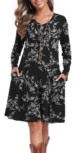 lionstill Fall Dresses for Women Flowy Long Sleeve T-Shirt Dress, Floral L