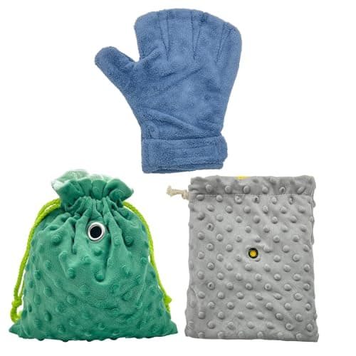 OldSerenWay 3 Pack Sugar Glider Tote Plush Sleeping Pouches and Anti Bite Calming Mitten, Warm Sleeping Bag Portable Drawstring Bonding Pouch Soothing Glove for Small Pets (Blue/Green/Gray)
