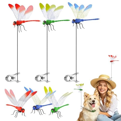 Dropower 3 PCS 3D Fake Dragonfly Clips for Garden Decor, Realistic Artificial Dragonfly Ornaments, Waterproof Outdoor Patio Yard Plant Stakes and Hat Accessories (Red, Green, Blue)