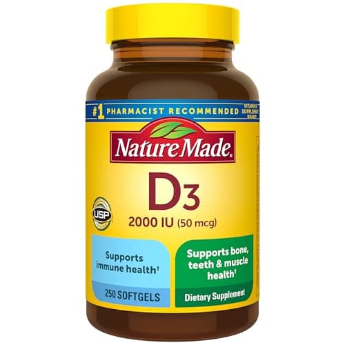 Nature Made Vitamin D3 2000 IU (50 mcg), Vitamin D Supplement for Bone, Teeth, Muscle and Immune Health Support, 250 Softgels, 250 Day Supply