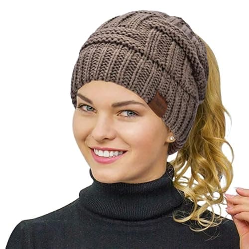 Rosoz Womens Ponytail Beanie Winter Beanie Hat Ponytail Hatfor Women Tail Stretch Cable Knit Cap Messy High Bun Hat
