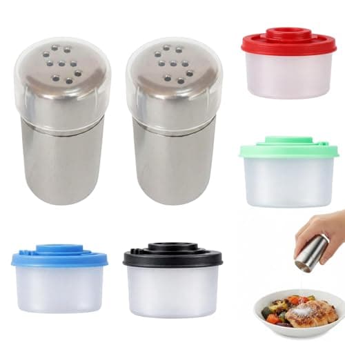 6-Piece 2inch Portable Spice Containers with Sealed Lids, Travel Salt and Pepper Shakers Mini,Ideal for Camping Trips and Kitchen Use, Four Plastic and Two Stainless Steel Shakers