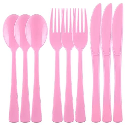 Kochorie 300 Pieces Light Pink Plastic Silverware with Spoons Forks Knives