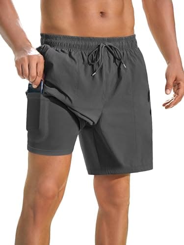 INCERUN Swimming Trunks for Men Board Shorts Swimwear Beach Shorts Quick Dry Bathing Suit Swimsuit 2 in 1 Swim Trunks with Compression Liner and Zipper Pocket Gray Medium