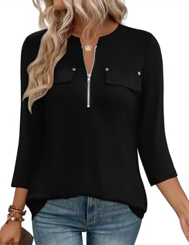 LOMON 3/4 Length Sleeve Womens Tops Dressy Casual Shirt Work Business Ladies Office Elegant Quarter Sleeve Tunic Blouse With Zipper Black