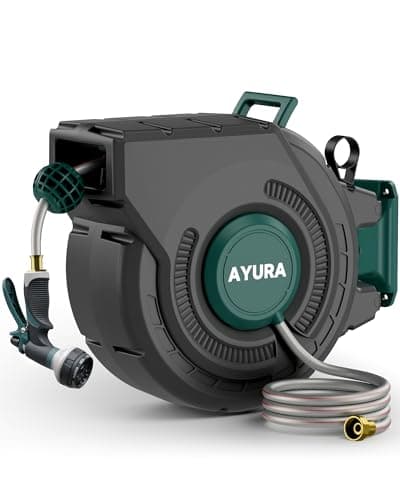 AYURA Retractable Garden Hose Reel 100 ft x 1/2 inch with Pro Metal Shaft, Heavy Duty Automatic Garden Hose Reels with Kink-Free Rewind and Lock at Any Length, Wall Mount Water Hose Reel for Outside