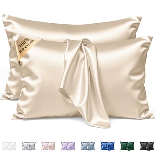 BYTB Silk Pillow Cases 2 Pack Queen Size Mulberry Silk Pillowcase Set of 2 for Hair and Skin 30 x 20 Inches 22 Momme Both Side Grade 6A Silk Soft Breathable Cooling with Hidden Zipper, Beige