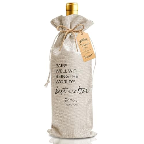 Funny Housewarming Wine Gifts Bag for Best Realtor, Housewarming Party Decorations Gifts with Drawstring Thank You Card, Pairs Well with Being the World's Best Realtor Wine Bottle Bag - A34