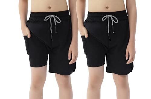 IRELIA 2 Pack Boys 2 in 1 Running Shorts Kids Box Brief Liner Compression Active Sports Shorts BB 7-8 Black/Black