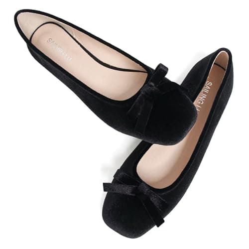 SAILING LU Velvet Women Square Toe Ballet Flats Bow Knot Black Size 8.5