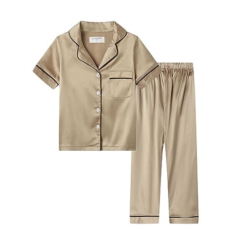 Mud Kingdom Little Girl Silk Satin Pajamas Set Button Down 2 Piece Sleepwear Summer Apricot Size 7-8