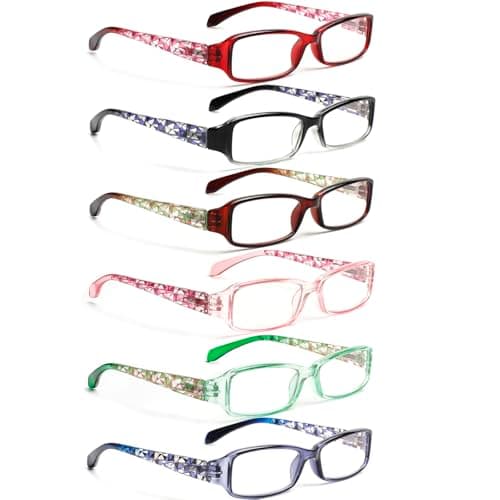 Henotin Ladies Reading Glasses 6 Pairs Blue Light Blocking Readers Spring Hinge with Pattern Print Eyeglasses for Women (Multi-Colors, 3.0)