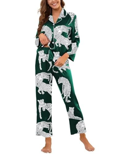 Brosloth Womens Satin Pajamas Soft Comfy Long Sleeve Button Up Pajamas Silk Pjs Cute Animal Print 2 Piece Loungewear Sets Dark Green XL