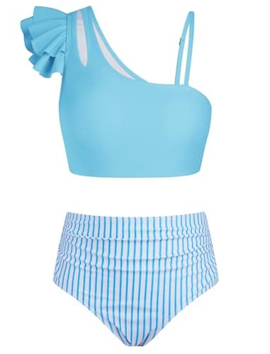 Seanrui Girls Swimsuits Size 10-12 Bikini Swimwear for Teens Kids Little Girls Bathing Suit with Swim Shorts Blue Stripes