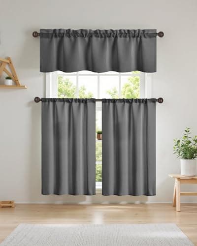 Easy Home 3 Piece Solid Color Blackout Window Curtain Set with Tiers and Valance Rod Pocket Thermal Privacy Curtain Tiers for Kitchen, Living Room, Bathroom Shades, W27 x L36 Inch,(Dark Gray)