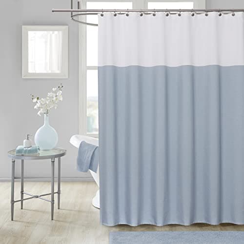 WEST LAKE Blue Off White Fabric Shower Curtain, Color Block Contemporary Bathroom Décor, Waterproof Bath Room Curtain, 12 Rust Proof Grommets Top for Hotel Spa Home,NO Hook,70''x72''