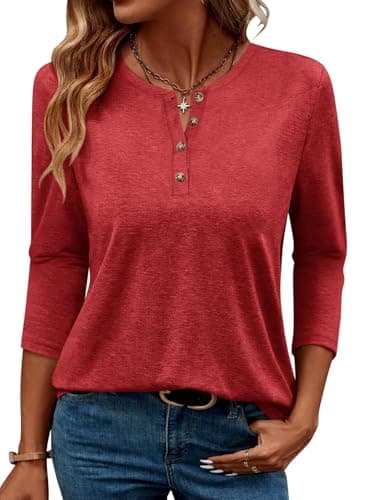 TICTICMIMI Women's 3/4 Sleeve Henley Tops Casual Button Down Loose T Shirts