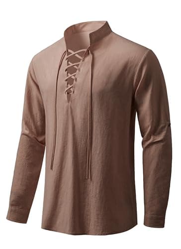AIFARLD Men's Long Sleeve Shirts Retro Style Lace up for Medieval Viking Hippie Halloween Cosplay Pirate Renaissance Costume Deep Khaki