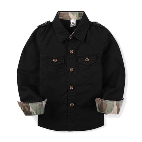 OCHENTA Boys Military Button Down Shirt Long Sleeve Scout Shirt Black 12-13