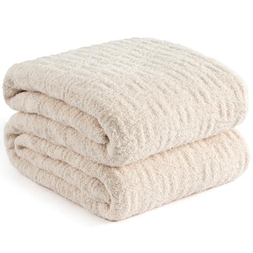 GINAMUSE White Ultra Soft Knit Throw Blanket for Couch,50"X60" Microfiber Fluffy Cozy Warm Knitted Blankets with Checked Pattern for Sofa Bed