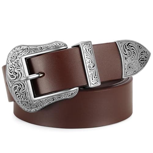 SANSTHS Western Belts for Woman, Cowboy Cowgirl Belt for Women Men Vintage Leather Country Belt for Pants Dresses, 1 3/8"